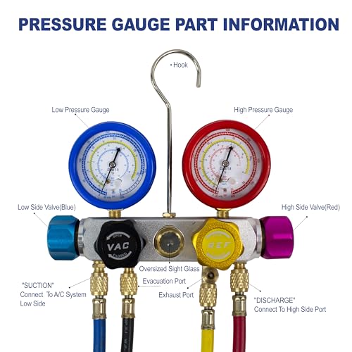 BACOENG AC Manifold Gauge Set for R134A R410A R22, HVAC Gauges with Hoses, 4 Way AutomotiveAir Conditioner Refrigerant Recharge Kit - Image 3