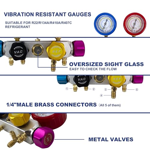 BACOENG AC Manifold Gauge Set for R134A R410A R22, HVAC Gauges with Hoses, 4 Way AutomotiveAir Conditioner Refrigerant Recharge Kit - Image 4