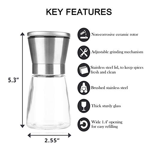 Mincham Manual Salt or Pepper Grinder for Professional Chef, Best Spice Mill with Stainless Steel Cap, Ceramic Blades and Adjustable Coarseness, Refillable Glass Body with 6OZ Capacity - Image 2