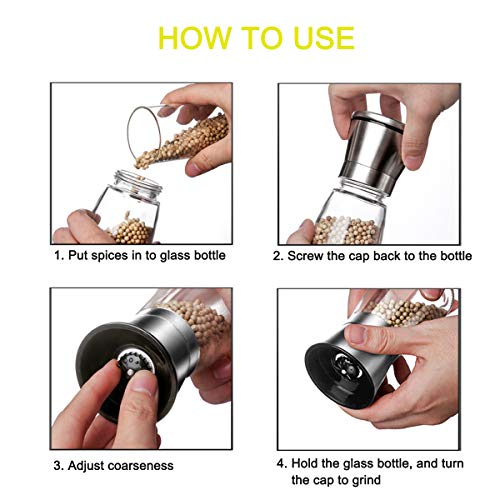 Mincham Manual Salt or Pepper Grinder for Professional Chef, Best Spice Mill with Stainless Steel Cap, Ceramic Blades and Adjustable Coarseness, Refillable Glass Body with 6OZ Capacity - Image 3