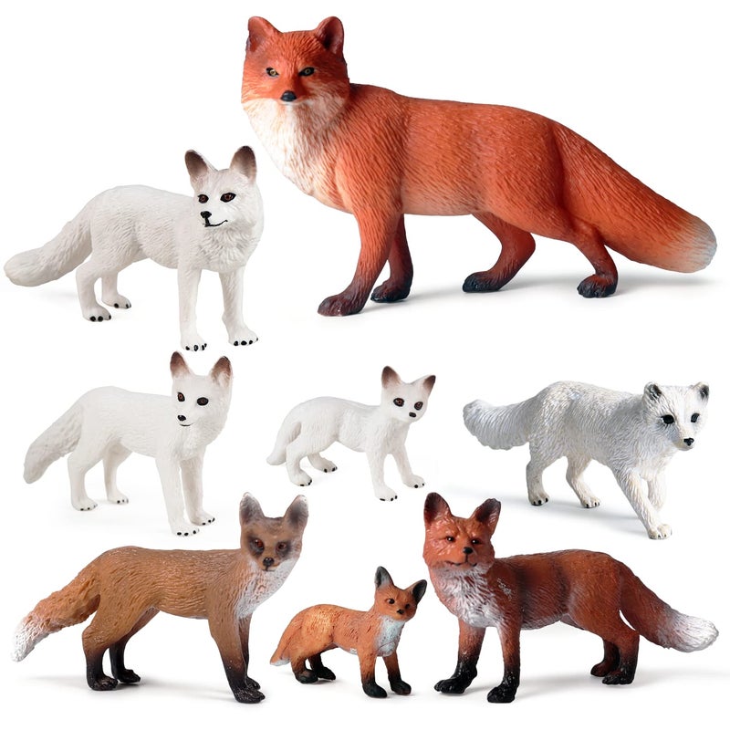 SIENON 8Pcs Fox Toy Figures Set Miniature Arctic and Red Foxes Family Forest Woodland Animals Figurines Toys for Kids Educational Winter Diorama Christmas Birthday Party Gift Cake Decorations - Image 3