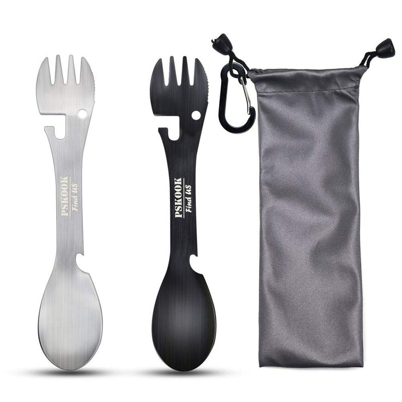 PSKOOK 5in1 Utility Tactical Spork 2Pack Stainless Steel Spoon  Bottle Opener Fork  Knife Can Opener Combo Camping Utensil for Hiking Camping or Backpacking Black  Matte Silver