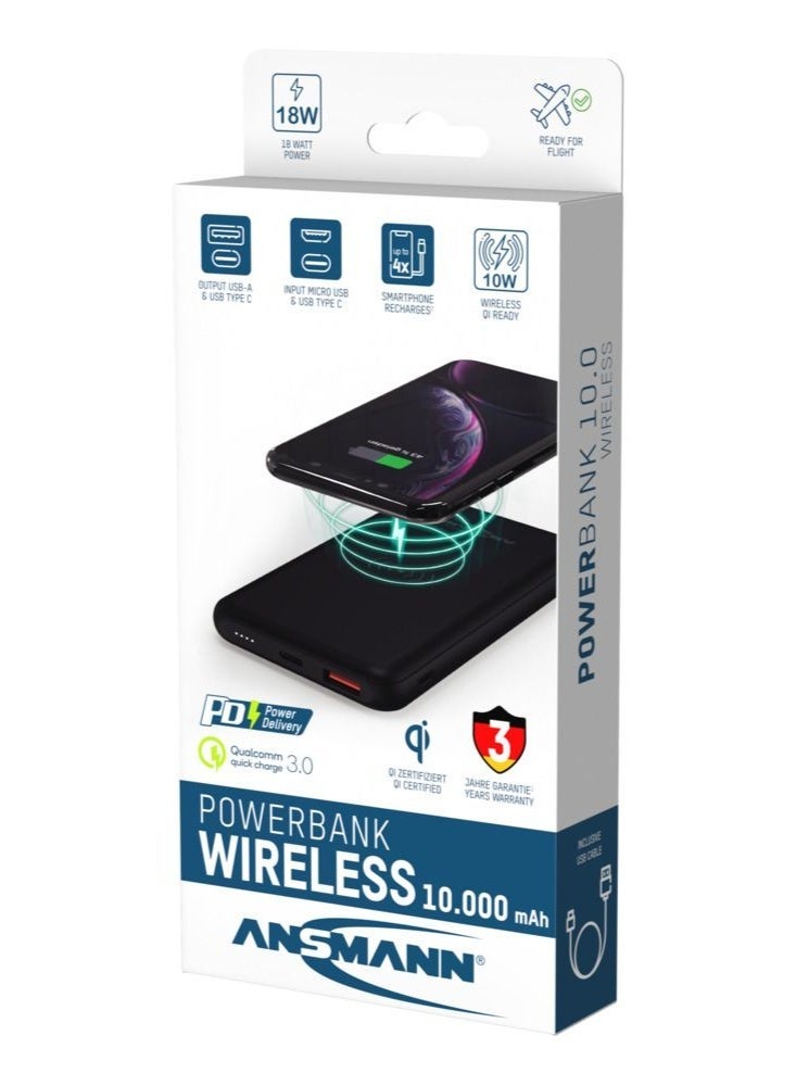ANSMANN 10000mAh Wireless Power Bank with 18W PD Quick Charge, USB-C and USB-A Ports - Image 1