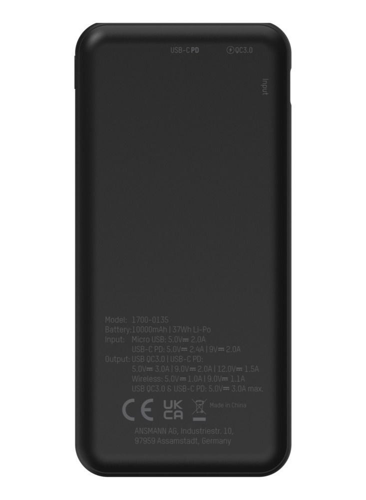 ANSMANN 10000mAh Wireless Power Bank with 18W PD Quick Charge, USB-C and USB-A Ports - Image 4