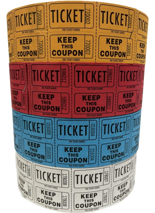 The Ticket Gurus - Ticket Guru-Raffle Tickets - (4 Rolls Of 2000 Double Tickets) 8,000 Total 50/50 Raffle Tickets (Choose Color Combo Below) (Red/Blue/White/Orange) - Image 1