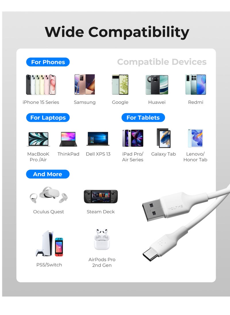 60W USB Type A to Type C Fast Charging Cable 2m (6.6ft), Durable Silicone, Compatible with iPhone 16/15/15 Pro/15 Plus/15 Pro Max, iPad Mini 6/Pro 2022, MacBook Air, Samsung Galaxy S25/S24/S23, and All Type C Enabled Devices - Tangle-Free, Supports High-Speed ​​Data Transfer - White