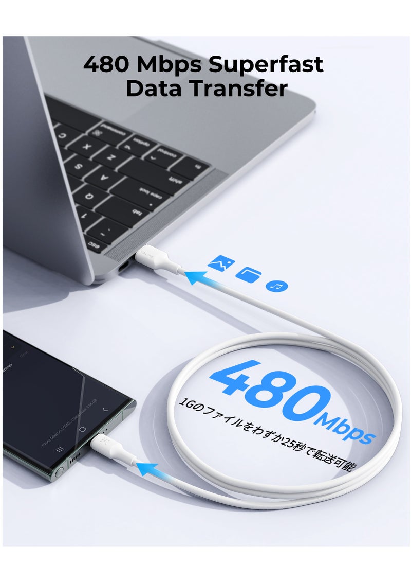 60W USB Type A to Type C Fast Charging Cable 2m (6.6ft), Durable Silicone, Compatible with iPhone 16/15/15 Pro/15 Plus/15 Pro Max, iPad Mini 6/Pro 2022, MacBook Air, Samsung Galaxy S25/S24/S23, and All Type C Enabled Devices - Tangle-Free, Supports High-Speed ​​Data Transfer - White