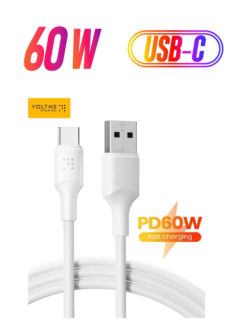 VOLTME 60W USB Type A to Type C Fast Charging Cable 2m (6.6ft), Durable Silicone, Compatible with iPhone 16/15/15 Pro/15 Plus/15 Pro Max, iPad Mini 6/Pro 2022, MacBook Air, Samsung Galaxy S25/S24/S23, and All Type C Enabled Devices - Tangle-Free, Supports High-Speed ​​Data Transfer - White  - Image 1