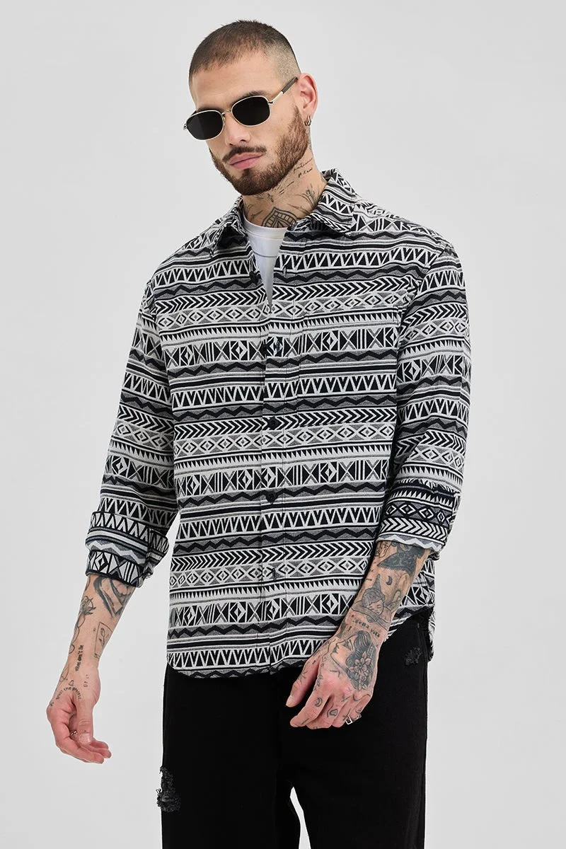 SNITCH Black Geometric Long Sleeve Relaxed Streetwear Overshirt