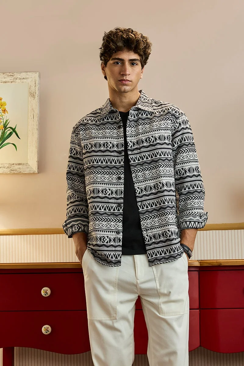 SNITCH Black Geometric Long Sleeve Relaxed Streetwear Overshirt