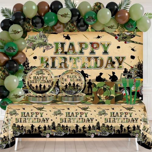 Lecheme Army Birthday Patry Decorations 177 Pcs Camouflage Plates And Napkins Tablecloth Military Birthday Banner Balloons Camo Party Supplies for Boy Serve 24 - Image 1