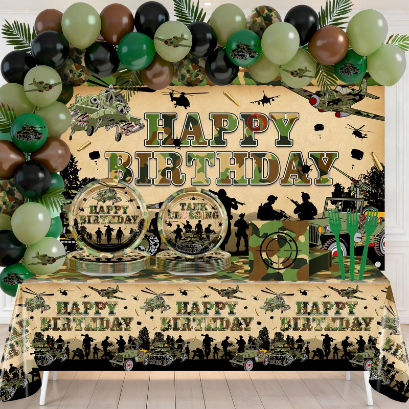 Lecheme Army Birthday Patry Decorations 177 Pcs Camouflage Plates And Napkins Tablecloth Military Birthday Banner Balloons Camo Party Supplies for Boy Serve 24 - Image 3