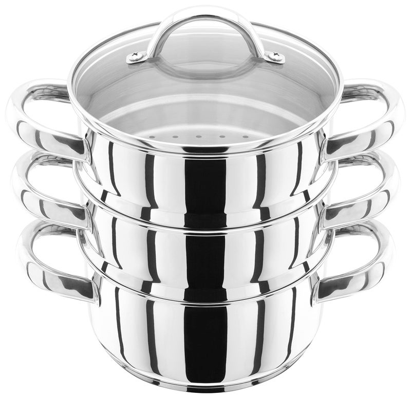Judge Stainless Steel 3 Tier Steamer Set with 16cm 600ml Casserole 2 Steamers and Lid Induction Ready Gift Boxed
