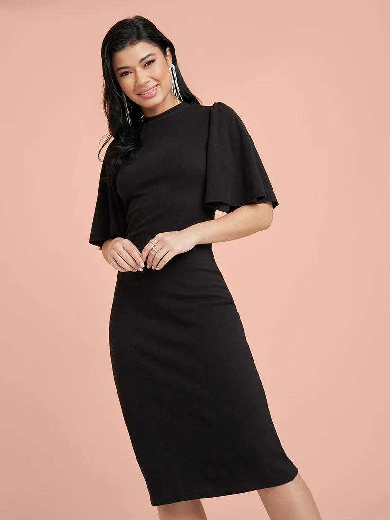 Styli Angel Sleeves High Neck Bodycon Midi Dress | Best Price Qatar