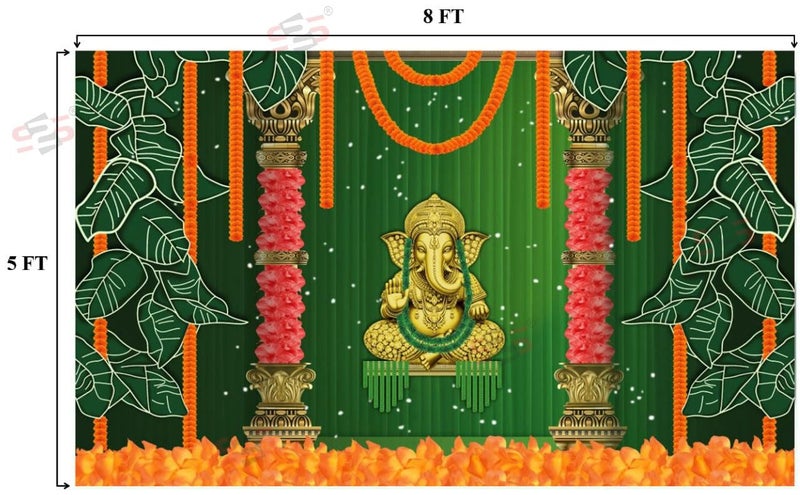 S2S Ganesha Background Decoration Traditional Cloth | Backdrop Curtain Cloth for Pooja | Puja Curtains Decoration 8 Feet Height & 5 Feet Width - Image 3