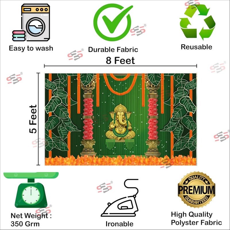 S2S Ganesha Background Decoration Traditional Cloth | Backdrop Curtain Cloth for Pooja | Puja Curtains Decoration 8 Feet Height & 5 Feet Width - Image 4