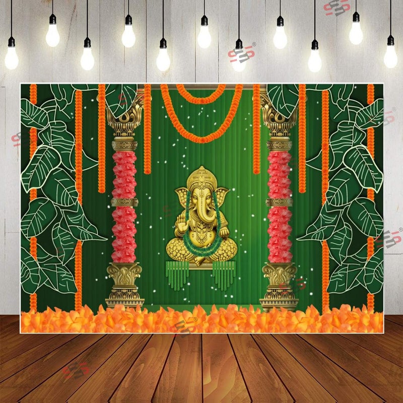 S2S Ganesha Background Decoration Traditional Cloth | Backdrop Curtain Cloth for Pooja | Puja Curtains Decoration 8 Feet Height & 5 Feet Width - Image 1
