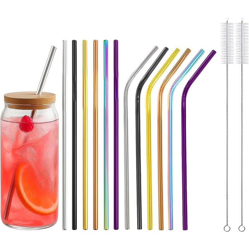 Woyinger 12 Pack 8.5 * 0.24 Stainless Steel Straws with 2 Cleaning Brushes, 6 Straight + 6 Bent Mental Straws, Compatible with 20oz Tumblers (Silver/Black/Gold/Rose Gold/Purple/Rainbow) - Image 1