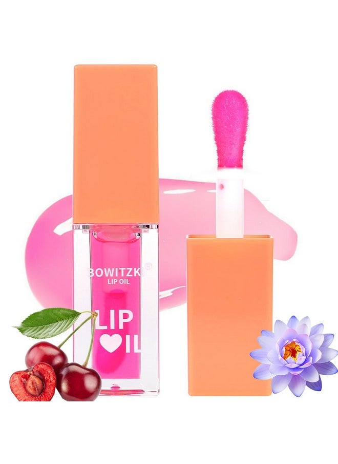 Bowitzki Color Changing Hydrating Lip Oil Lip Gloss Glow Transparent Toot Tinted Nourishing Long Lasting Lip Balm Blue Lotus Extract Repairing Lightening Lip Lines (Cherry)  - Image 1