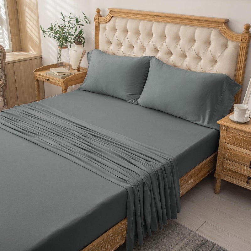 PURE ERA PURE ERA Jersey Knit 4pc Bed Sheet Set 100% T-Shirt Cotton Super Soft Comfy Breathable Fits Mattress Up to 20"" Extra Deep Pocket (Solid Dark Greenish Gray  King)  - Image 5