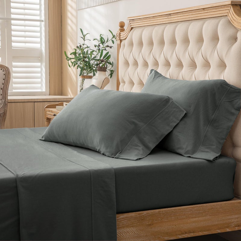 PURE ERA PURE ERA Jersey Knit 4pc Bed Sheet Set 100% T-Shirt Cotton Super Soft Comfy Breathable Fits Mattress Up to 20"" Extra Deep Pocket (Solid Dark Greenish Gray  King)  - Image 4