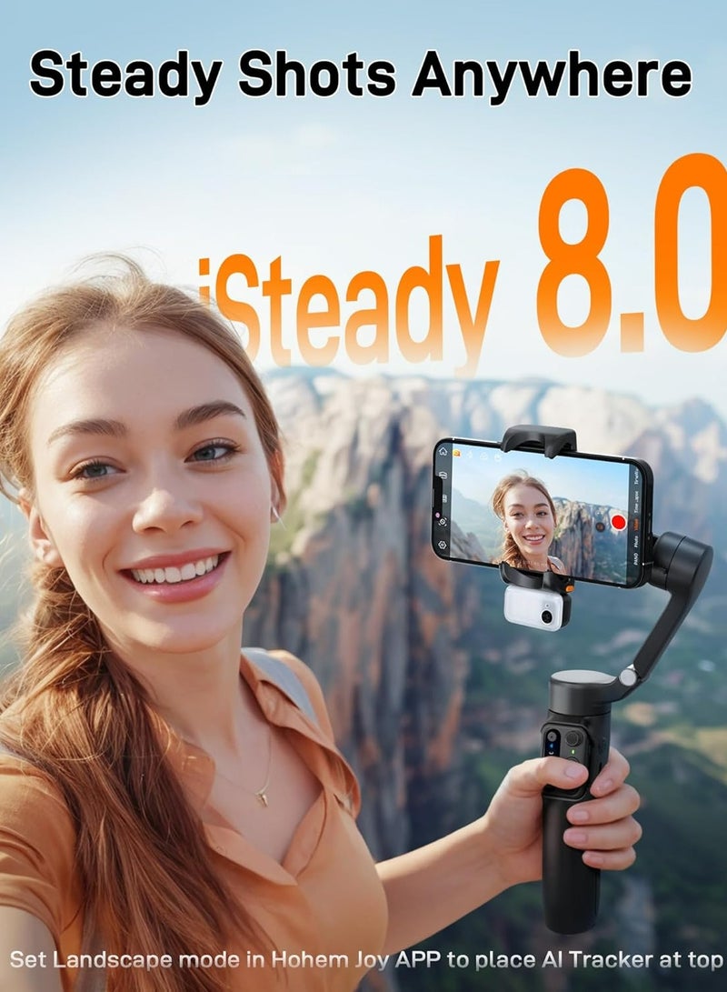 هوهم مثبت هاتف محمول قابل للطي Hohem iSteady V3 مع جهاز تحكم عن بعد قابل للفصل، مثبت هاتف ثلاثي المحاور، متتبع ذكي مغناطيسي، قضيب قابل للتمديد مدمج وحامل ثلاثي القوائم مثالي للسفر، مدونة فيديو (أسود) - Image 4