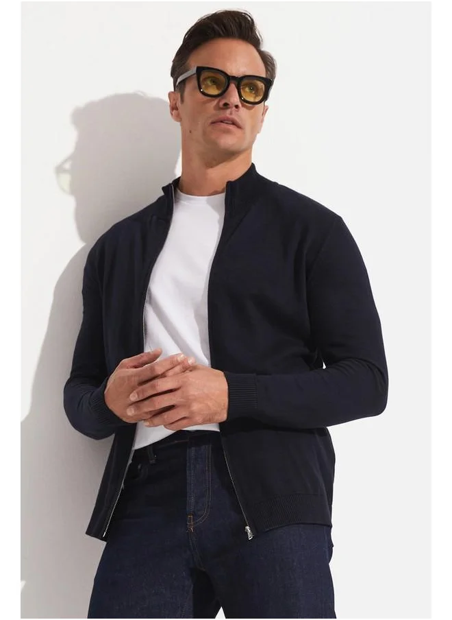جون June Zippered Cotton Knitwear Cardigan Navy