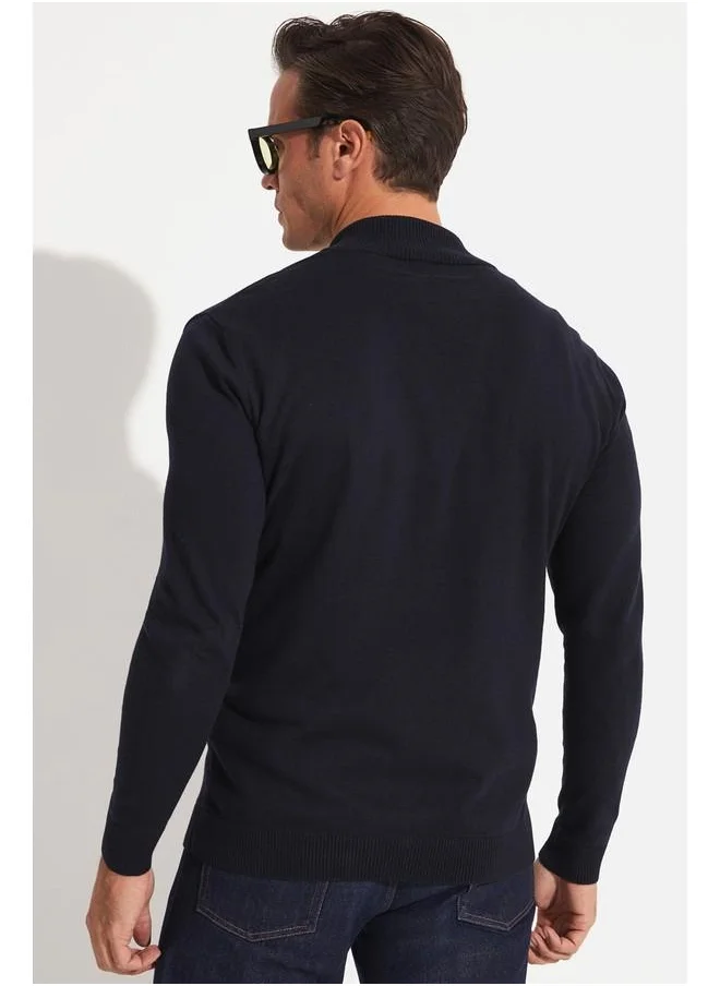 جون June Zippered Cotton Knitwear Cardigan Navy