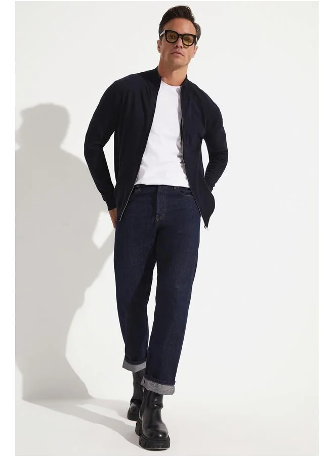 جون June Zippered Cotton Knitwear Cardigan Navy