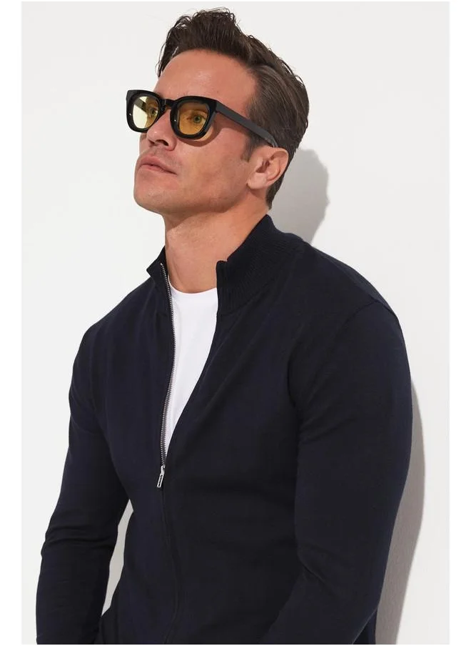 جون June Zippered Cotton Knitwear Cardigan Navy