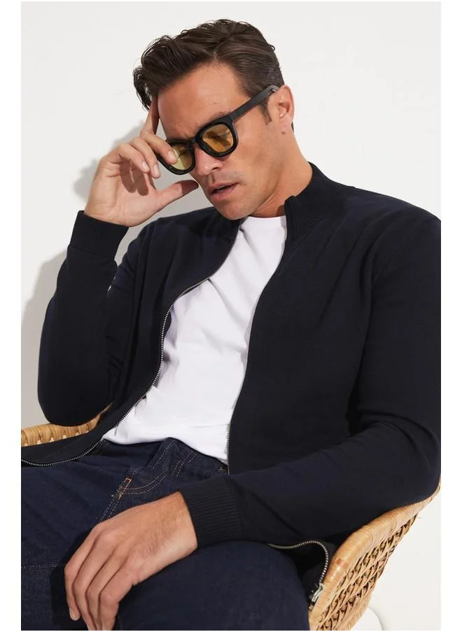 جون June Zippered Cotton Knitwear Cardigan Navy