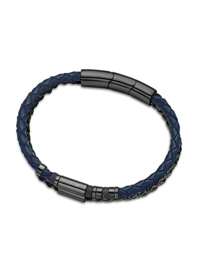 Alto Black Stainless Steel Blue Double Layered Leather Bracelet for Men 180mm