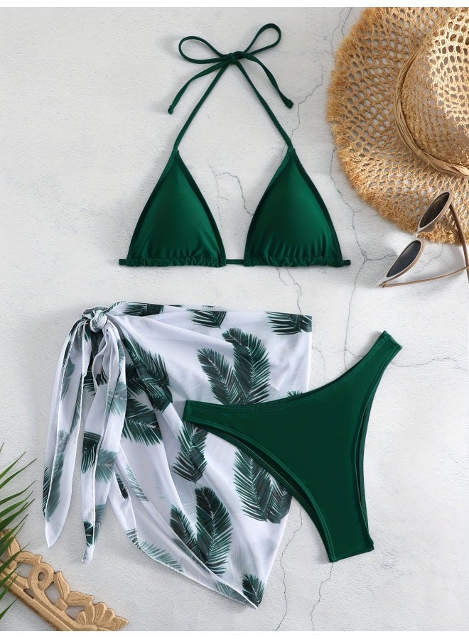 Customized European And American Bikini Three-piece Swimsuit Multi-color Optional Pure Color Swimsuit Printed Gauze Skirt Beach Vacation
