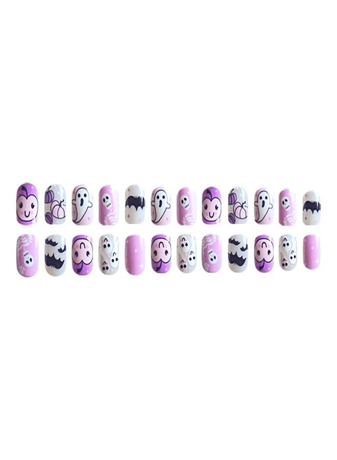 CTTHNBD Halloween Press on Nails Short Square Fake Nails with Ghost Pumpkin Bat Designs Glue on Nails Pink Glossy Acrylic Full Cover Stick on False Nails for Women 24 Pcs - Image 4