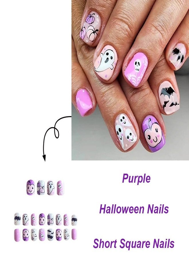 CTTHNBD Halloween Press on Nails Short Square Fake Nails with Ghost Pumpkin Bat Designs Glue on Nails Pink Glossy Acrylic Full Cover Stick on False Nails for Women 24 Pcs - Image 3
