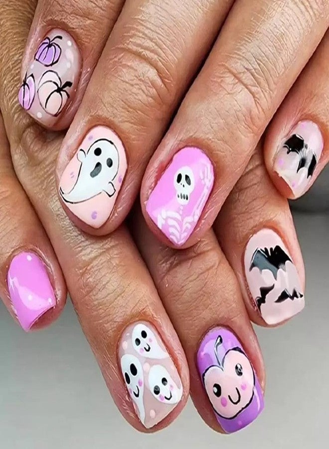 CTTHNBD Halloween Press on Nails Short Square Fake Nails with Ghost Pumpkin Bat Designs Glue on Nails Pink Glossy Acrylic Full Cover Stick on False Nails for Women 24 Pcs - Image 1