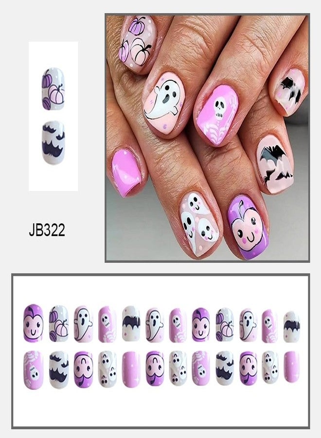 CTTHNBD Halloween Press on Nails Short Square Fake Nails with Ghost Pumpkin Bat Designs Glue on Nails Pink Glossy Acrylic Full Cover Stick on False Nails for Women 24 Pcs - Image 2