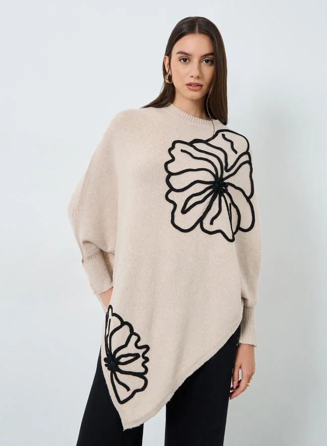 Take Two Take Two Beige Floral Applique Dolman Sleeve Poncho