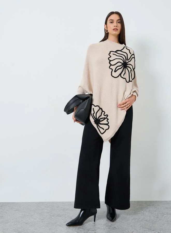 Take Two Take Two Beige Floral Applique Dolman Sleeve Poncho