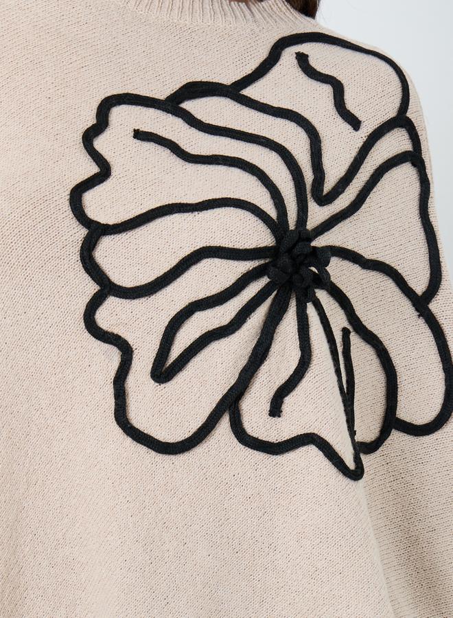 Take Two Beige Floral Applique Dolman Sleeve Poncho - Image 3