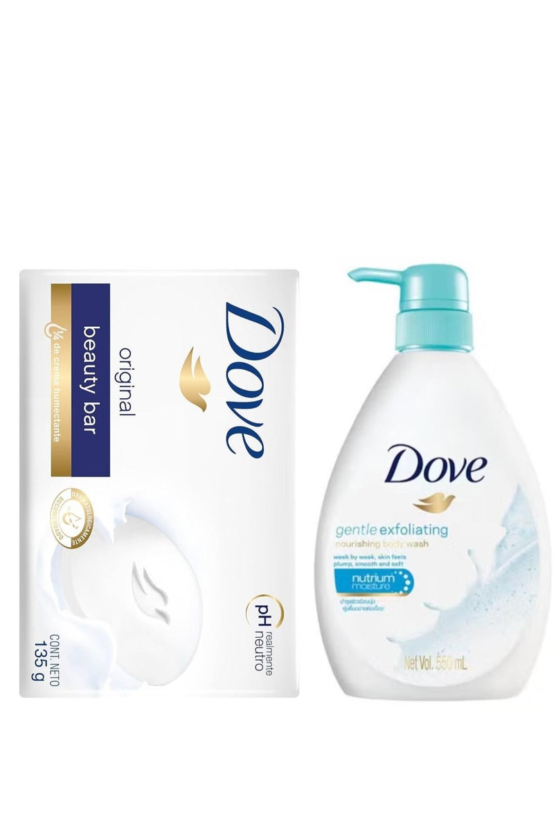 دوف أفضل مجموعة من قطعتين من غسول الجسم المقشر اللطيف 550 مل + صابون الجمال منظف لطيف للبشرة ومرطب للعناية بالبشرة الناعمة واللطيفة الأصلي 135 جرام