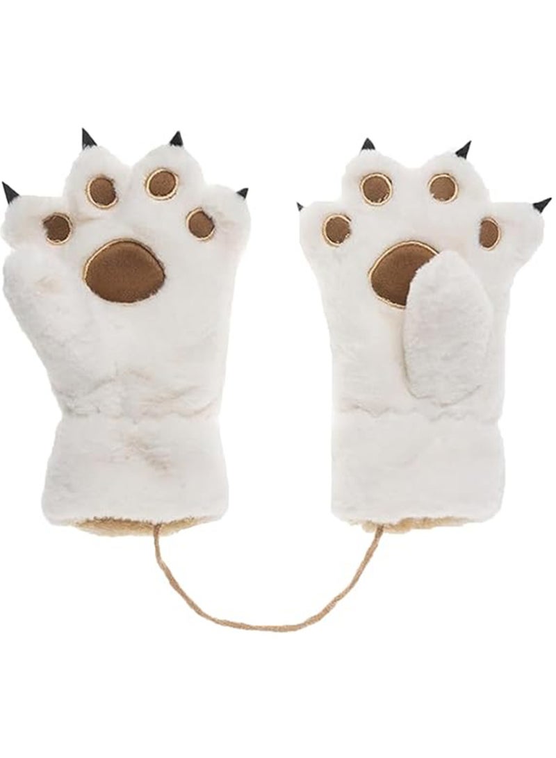 Winter Gloves Cartoon Plush Paw Gloves Warm Gloves with Neck Strap Children Girls Boys Gift Role Play Costume Gloves (White) - Image 1