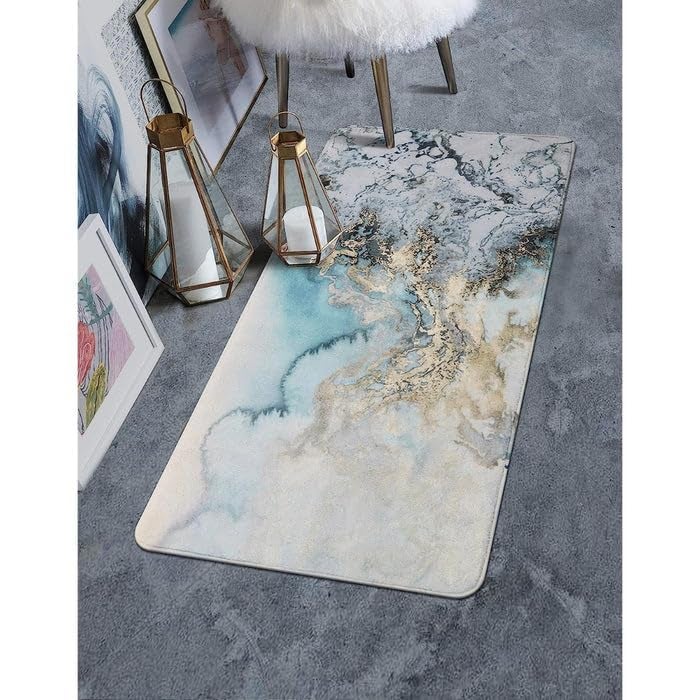 waqif Turquoise Marble Velvet Bathroom Runner Rugs Luxury Long Ultra Soft Microfiber Non Slip Bath Mats Machine Washable Floor Carpet Area Rug for Bath Decoration - Image 2