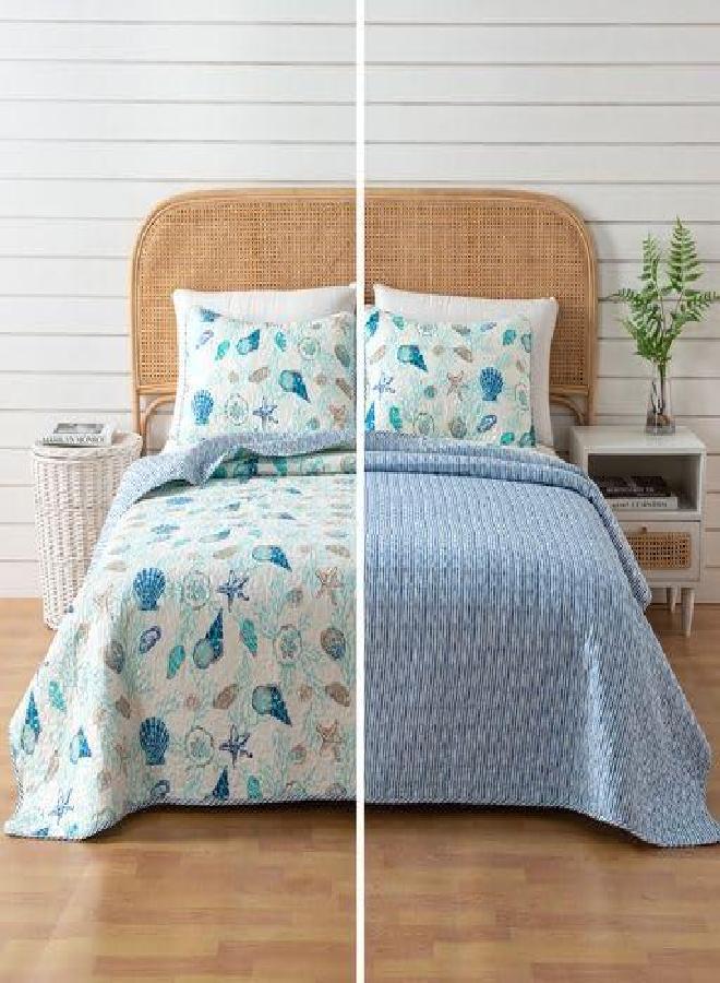 Great Bay Home Great Bay Home 2-Piece Twin Reversible Lightweight Coastal Quilt Comforter with 1 Sham | All-Season, Beach Bedspreads | Coral and Sea Shell Coverlet Sets | Key West Quilts Collection  - Image 3