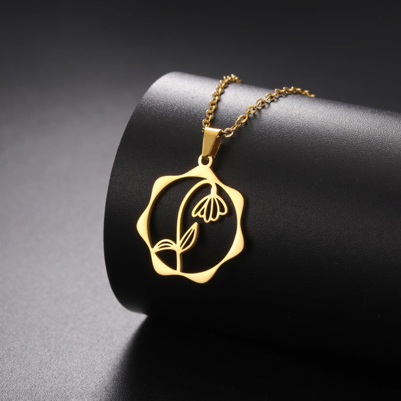 Snowdrop Lace Circle Birth Flower Pendant Necklace In Gold Stainless Steel Jewelry For Women - Image 3