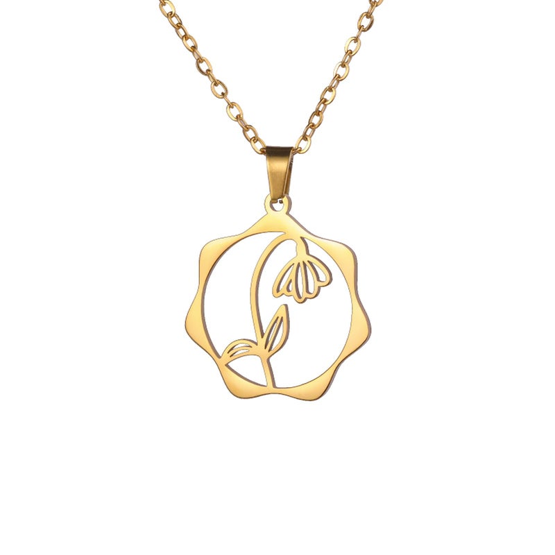 Snowdrop Lace Circle Birth Flower Pendant Necklace In Gold Stainless Steel Jewelry For Women - Image 2