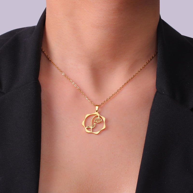 Snowdrop Lace Circle Birth Flower Pendant Necklace In Gold Stainless Steel Jewelry For Women - Image 4
