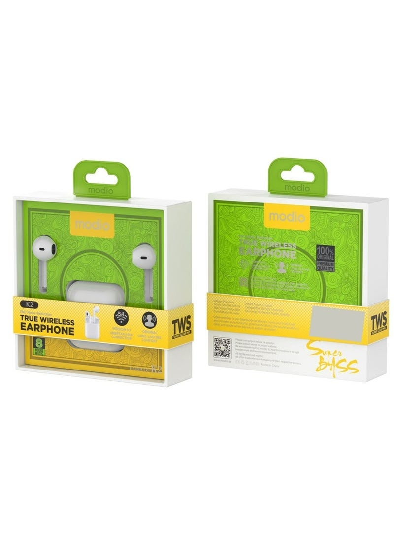 modio K2 Wireless Earbuds with Noise Cancellation, Bluetooth 5.3 Connectivity, Touch Control, Long Battery Life, Fast Charging Case, HD Stereo Sound, Built-in Mic for Calls, Lightweight  Comfortable In-Ear Headphones – White - Image 4