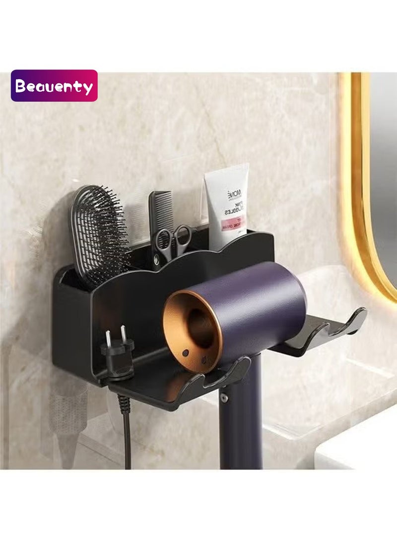 Beauenty Hair Dryer Holder - Bathroom Organizer Hair Dryer Holder Wall Mounted Hair Styling Tools Organizer Hair Dryer Dolder Cabinet Door Blow Rack for Hair Dryer Stand with Plug Hook Black - Image 1