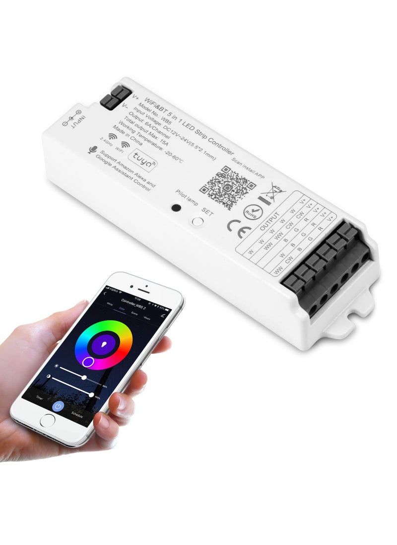 WB5 5 in 1 WiFi Bluetooth LED Strip Controller, Dimmable Compatible with Smart Life APP/Alexa Echo/Google Assistant Home/Siri, DC12 - 24V Lights Controller